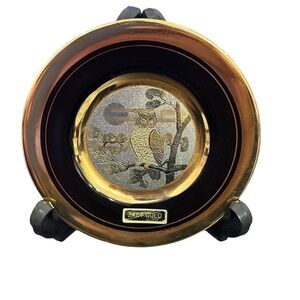 Chokin Art Limited Edition Numbered Mini Collector Plate 24k Gold Edge Owl Scene